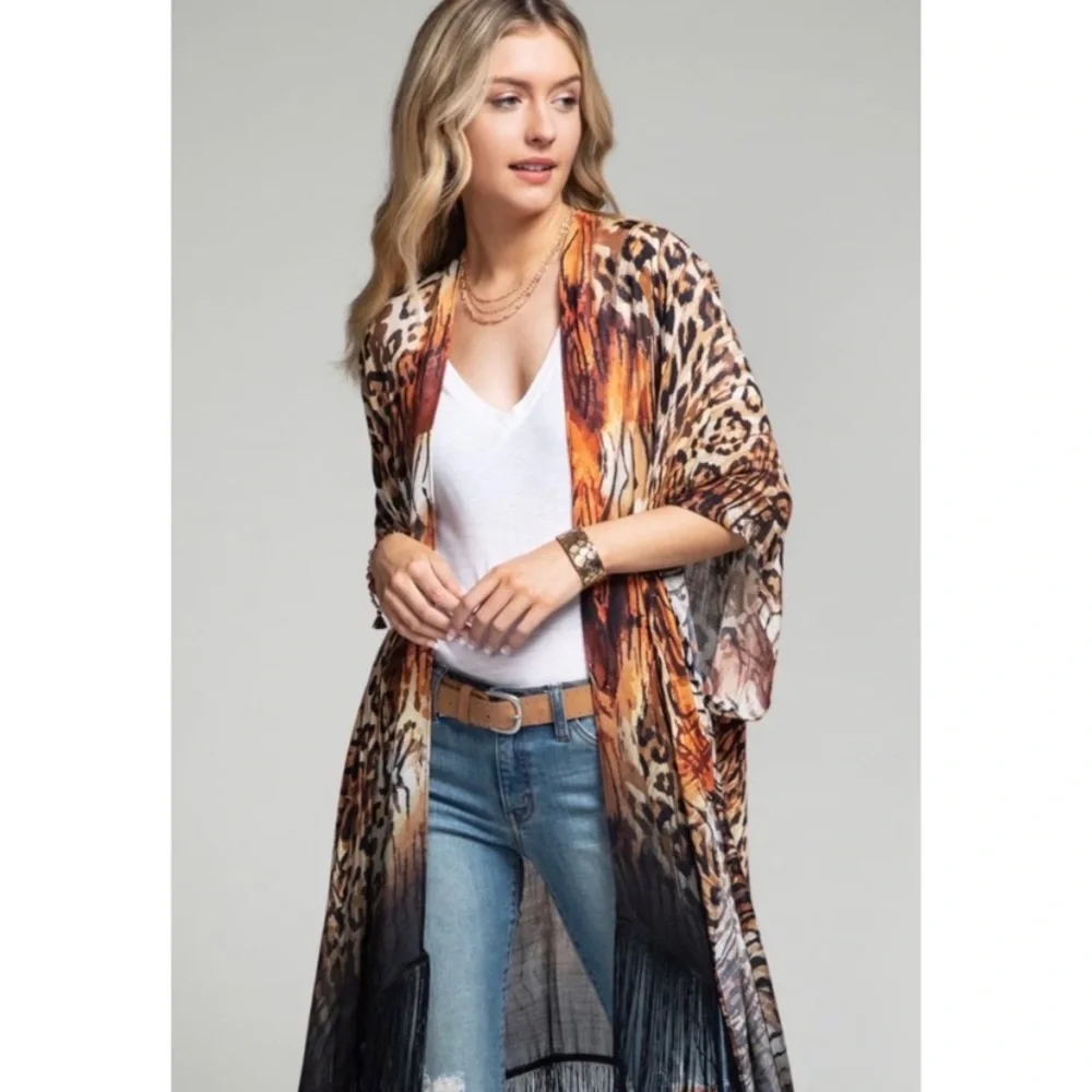 🌺LAST1️⃣🌺New Beautiful Flowy Leopard Print Fringe Open Style Kimono - Picture 7 of 9